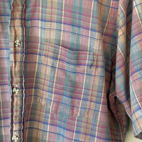 Chaps Ralph Lauren 90s Vintage Gauzy Light Button Plaid Shirt - Pink Mns Large - Picture 3 of 10